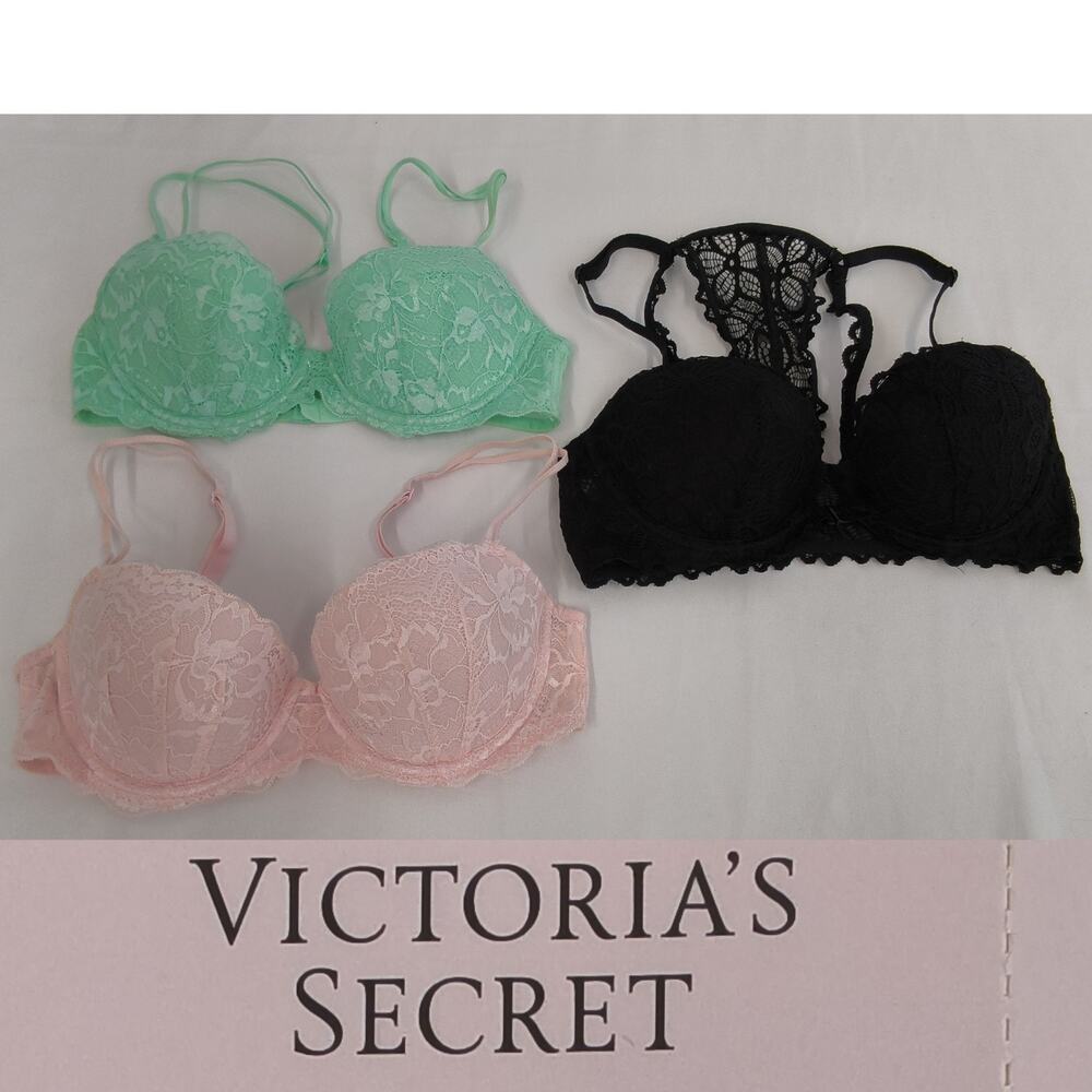 Victorias Secret Lot of 3 Bras Size 34C Green/Pink/Black PushUp Racerback #W5459